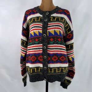 Lucia Cardigan Sweater Women Medium Multi Color Good Wool Blend Geometric Button